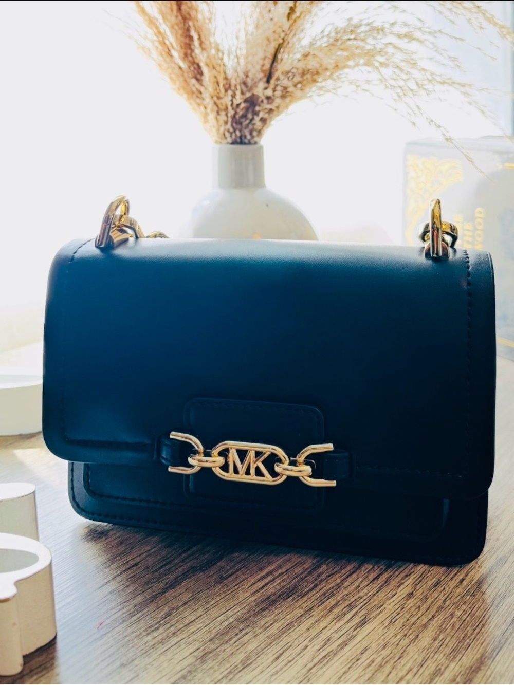 Michael Kors Black Leather Shoulder Bag with Gold Chain